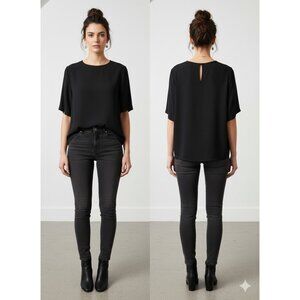 Christie & Jill Black Textured Blouse Top XL Short Sleeve Keyhole Vintage